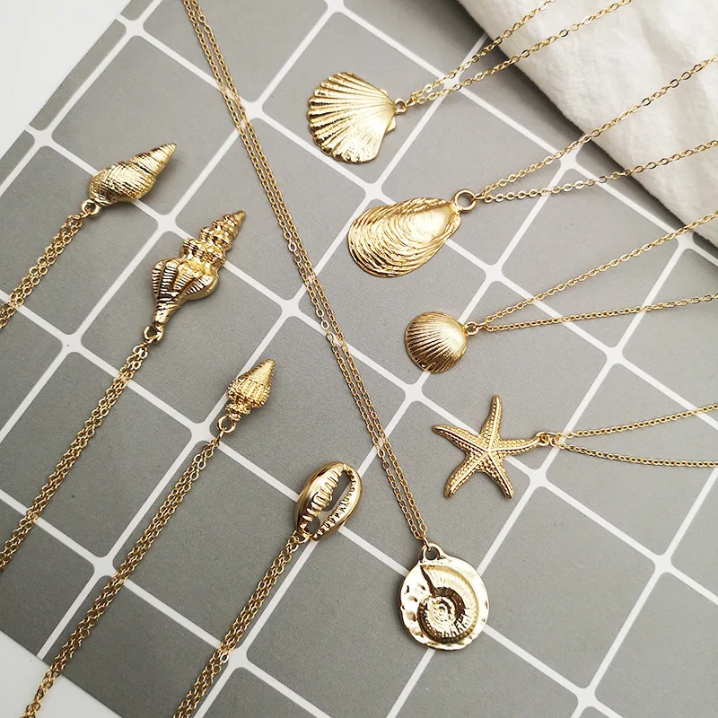 

Crazy Feng Boho Sea Shell Pendant Necklaces For Women Ladies Gold Color Ocean Coral Shell Chain Necklaces For Best friend Gifts