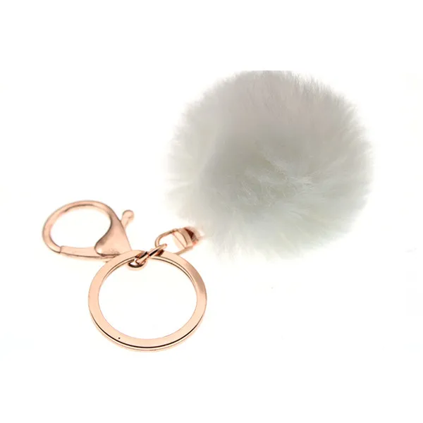 6-8cm 16 Colors Fluffy Rabbit Fur Ball Key Chain Cute Cream Black Pompom Artificial Rabbit Fur Keychain Women Car Bag Key Ring white