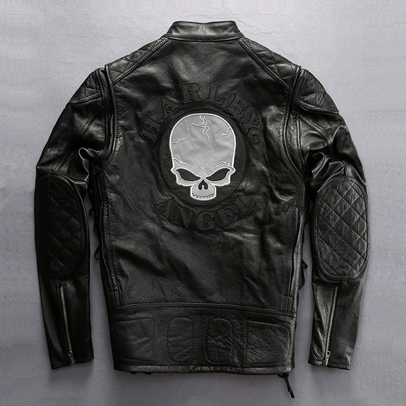 

DHL free shipping Men Genuine Leather Jacket Vintage Classic Harley Motorcycle Biker Black Jacket Skull Embroidery Cowhide Coat