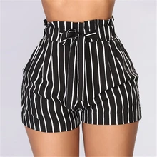 Мода Belted рюшами Талия полосатые шорты Для женщин темно-Высокая Талия Свободные нижние шорты Новое поступление Летний пляж Рубашки домашние