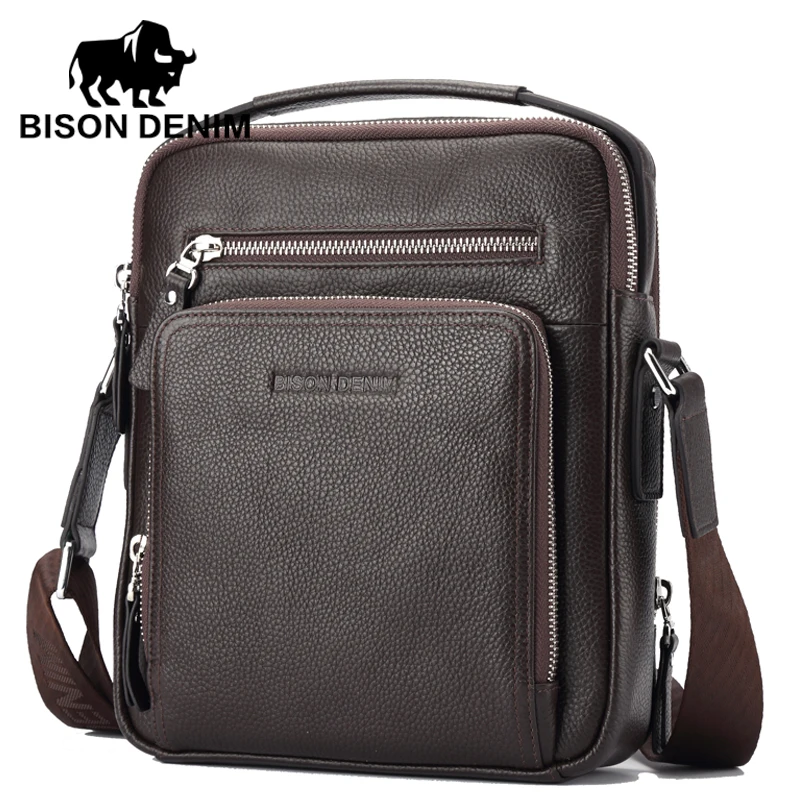 BISON DENIM 100 top Genuine Leather Men s iPad Tabelt Cowskin Bag Designer crossbody bag Men
