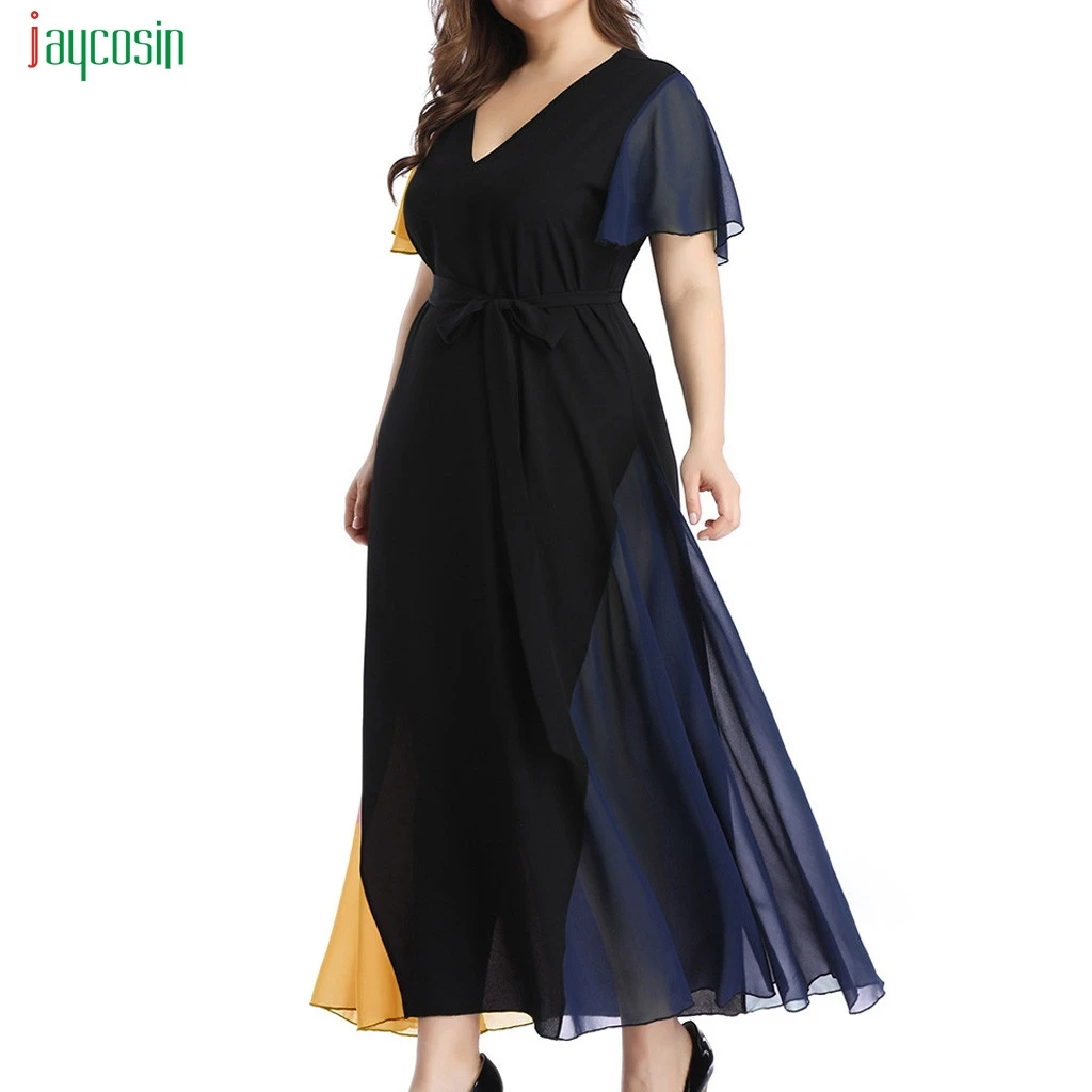 

Jaycosin Womens Summer Patchwork Chiffon Party Dress Ladies V-neck Plus Size Short Sleeve Maxi Dress Fashion Vestidos Verano