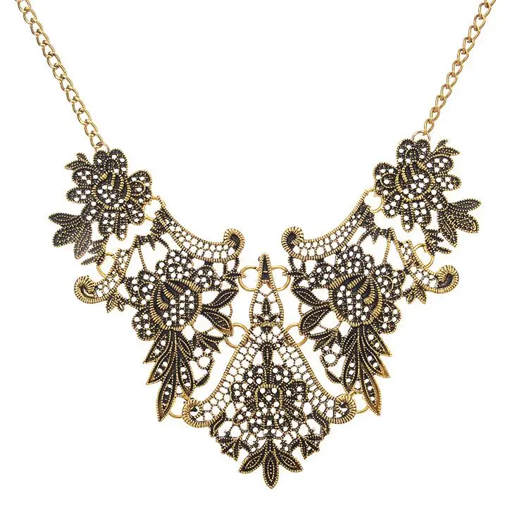 

Vintage Chunky Choker Necklace All-match Hollow Flower Chain Party Bid Statement Bronze Collar Women Fashion Retro Jewelry Gift