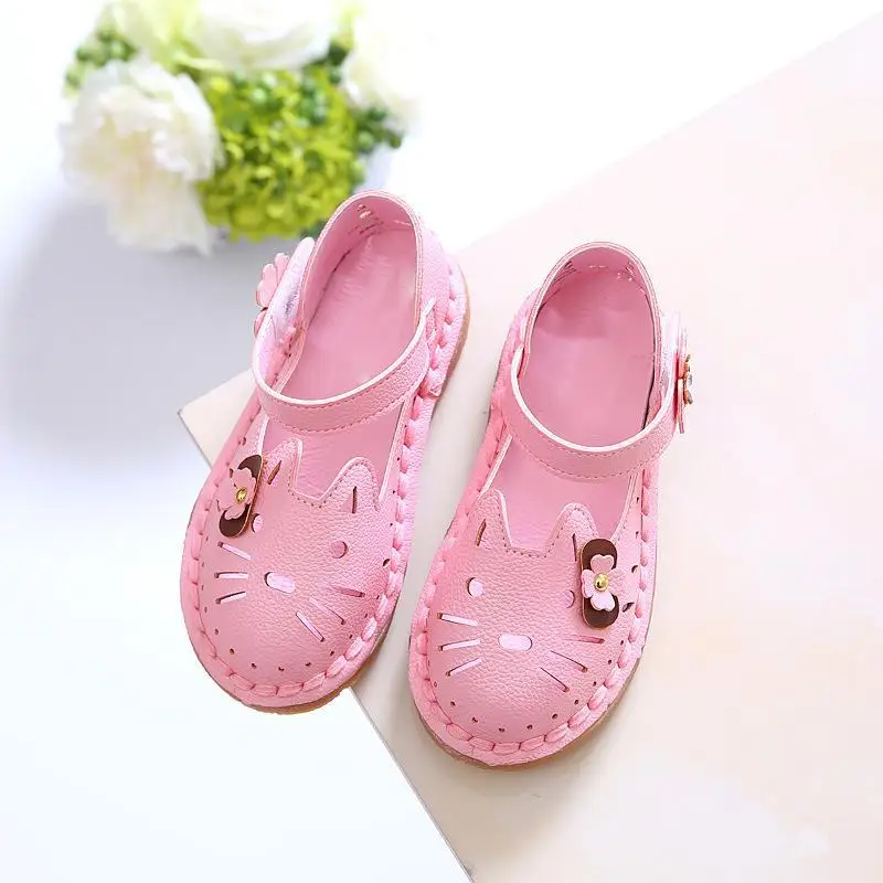

New Summer Girls Leather Shoes For Kids Princess Dress Shoes Sandals Flowers Fashion Pink Wedding Children School Flat Shoes2019