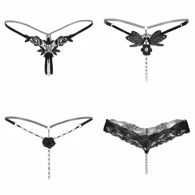 

4pcs Sexy G String Thong Women Sexy C String Underwear Lace Pearl Low Rise Panties Womens Briefs Black 30