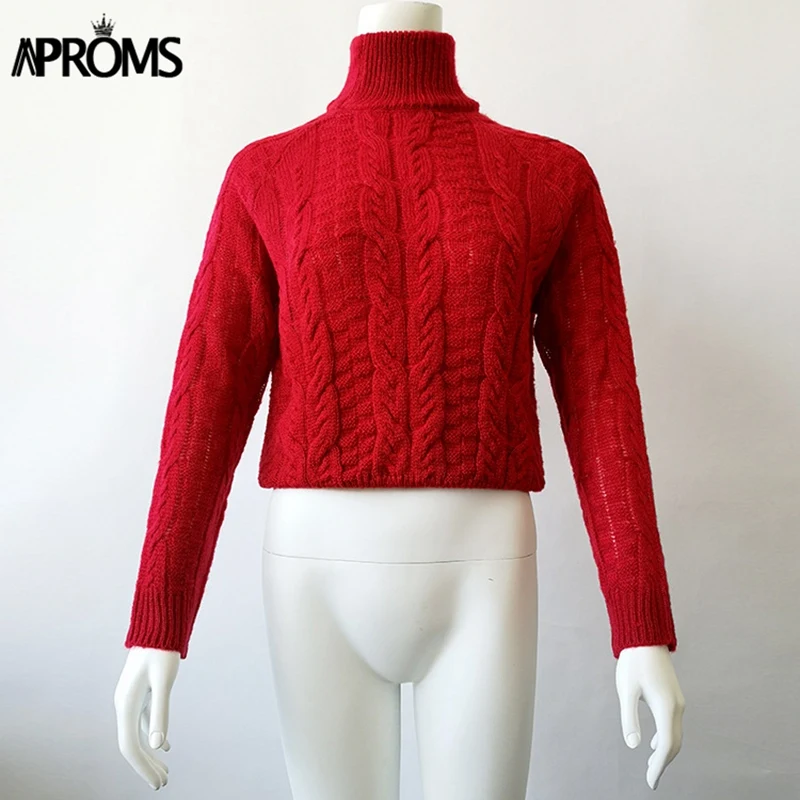 Aproms, элегантный свитер с высоким воротом, Женский вязаный укороченный свитер с длинным рукавом, осенне-зимний короткий пуловер, однотонный джемпер