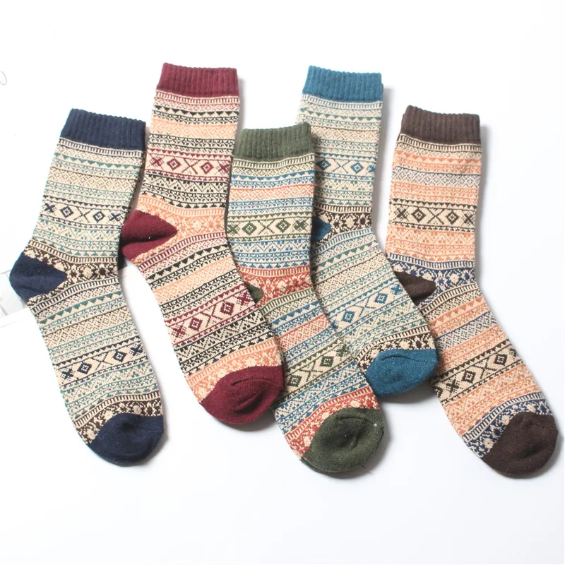 5 пара/лот, Осенние винтажные носки в этническом стиле, деловые мужские носки, Calcetines Hombre, зимние мужские толстые теплые повседневные шерстяные носки
