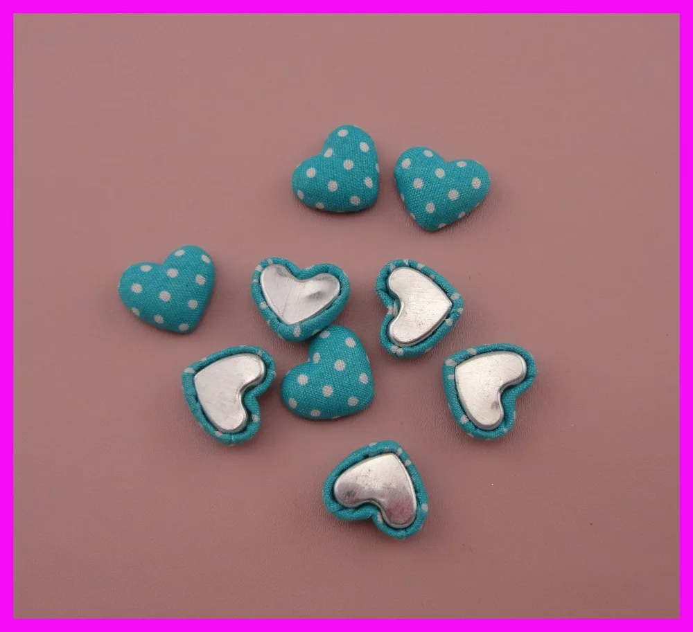 100PCS 17mm White polka dot printing Blue fabric covered Heart Button