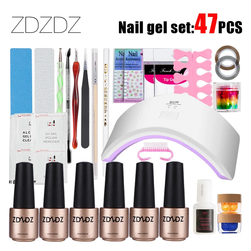 

ZDZDZ 47Pcs DIY Nail Art Base Tool Nail Manicure Set 18W UV Led Lamp 8ml Base/No Wipe Top /Reinforcement Gel Kit Brush Buffer