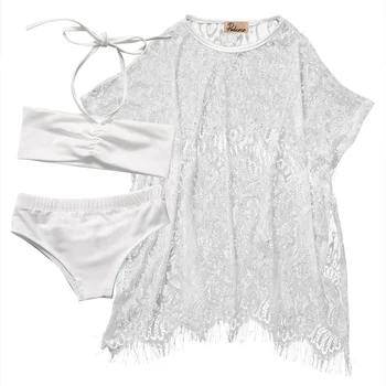 

Hi Hi Baby Store New Girls Kids Lace Solid Short sleeves Bkini 3PCS Cotton Outfits Swimsuit 1-6Y