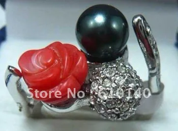 

6PC Fine black shell & red flowr coral ring size: 7# 8# 9#