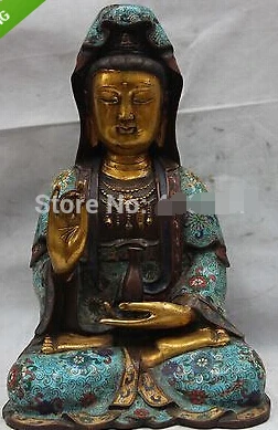 

free shipping Mark Cloisonne Enamel Copper Bronze Seat Kwanyin Guanyin Goddess garden Statue