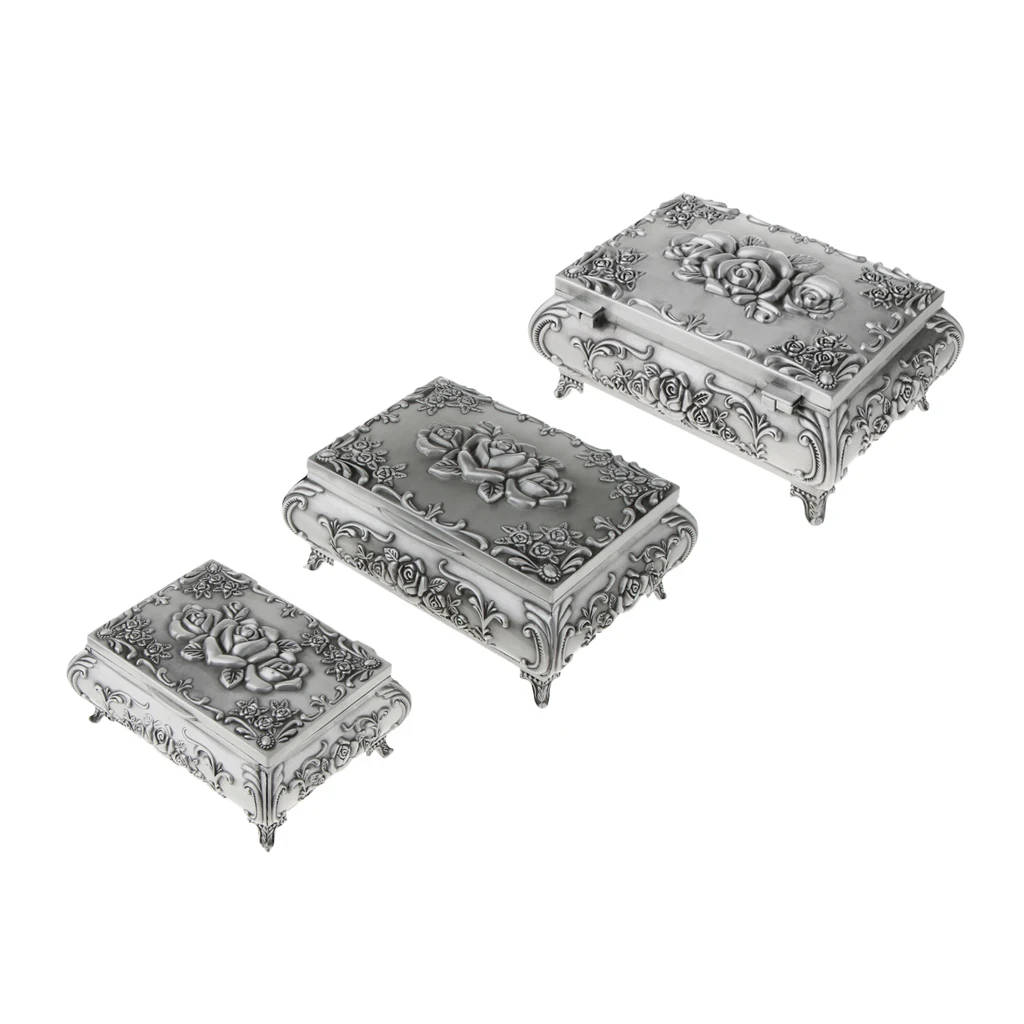 MagiDeal Vintage Jewelry Storage Box Rectangle Zinc Alloy with Antique Rose Flower