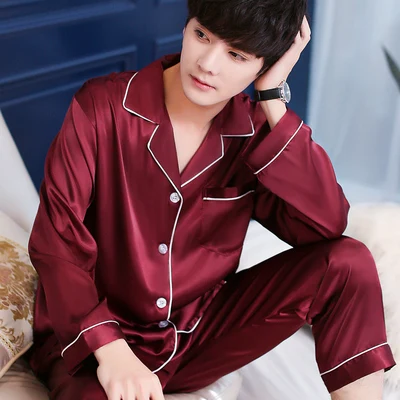 Атласные шелковые пижамы длинные для мужчин летние пижамы мужской пижамный комплект мягкая ночная рубашка для мужчин пижамы для сна большой размер M-2XL - Цвет: Red Wine