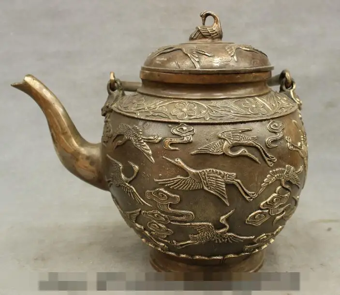 

S01703 11" Marked Chinese Bronze Copper 100 Fly Crane Statue Folk Teapot Wine Pot B0403