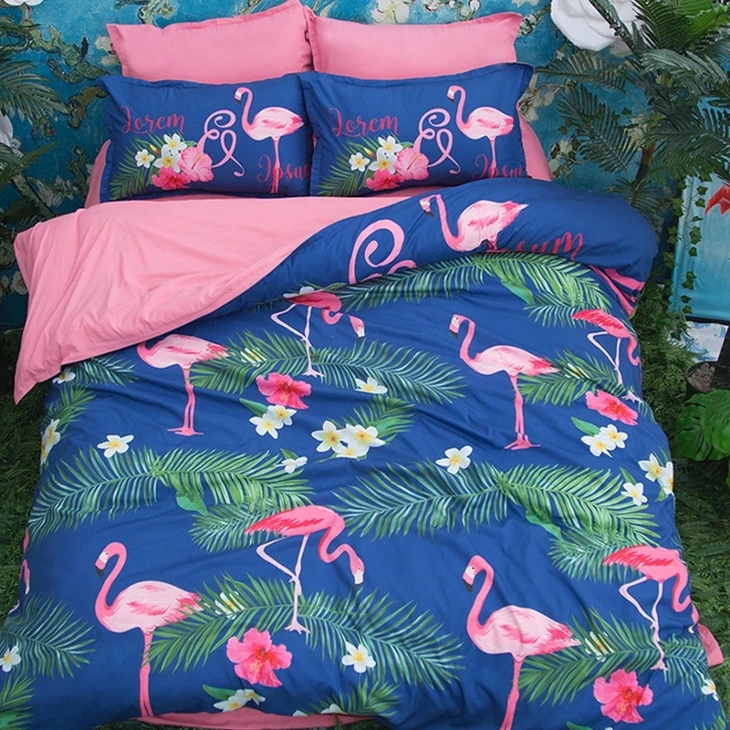 

flamingo bedding pink and green comforter set single twin queen king size 3/4PC bed spread animal duvet cover kids home textile