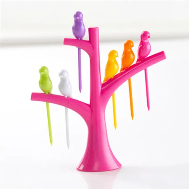 6 colors Birdie Fruit Fork Birds On The Tree Dessert Cake Dinnerware Party Cocktail food sticks set party supply