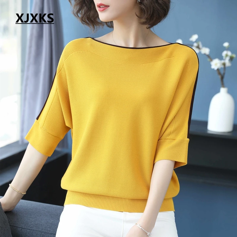 

XJXKS 2019 Summer New Loose Knitting Young Women Tee Shirt Femm Round Neck Large Size Top Bat Sleeve Elasticity Thin Women Tops