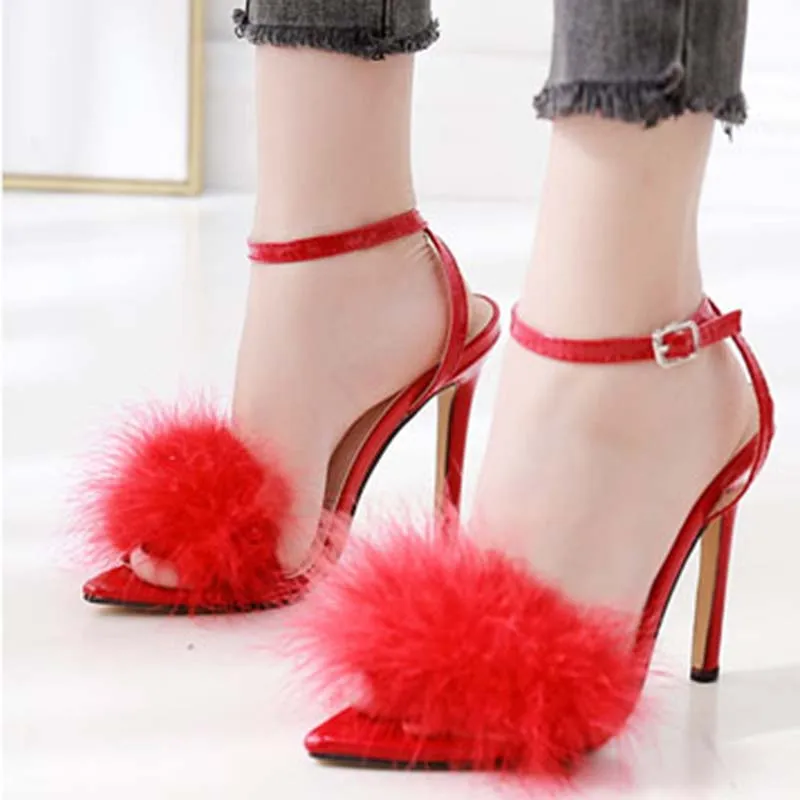 

Female 2019 Sandals Summer New Women Sandals Thin High Heels Pointed Peep Foe Fur Wedding Shoes Buckle Strap Feather Sandals