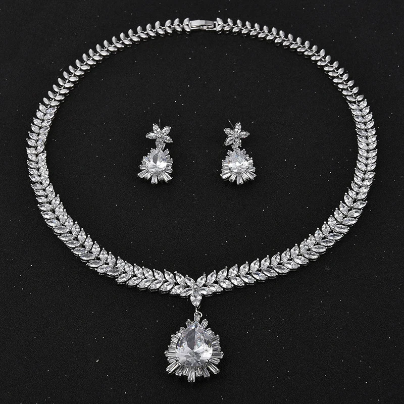 Luxury White Gold color Elegant Shape Bridal CZ Necklace and Earrings
