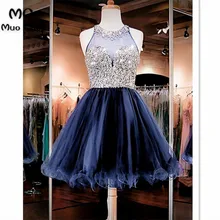 Темно-синие Бальные платья Короткие с кристаллами бисером Совок Тюль Платья для вечеринок Короткие коктейльные платья для выпускного вечера