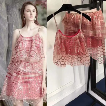 

Fashion women's suit sexy top and skirt summer female costume vs pink women beautiful two piece set sweet conjuto feminino