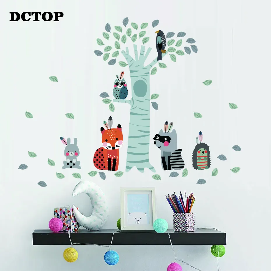 Nursery Cartoon Tree Raccoon Fox Rabbit Owl Wall Stickers Animal Vinyls Decals for kids baby Room Living Room Home Decor Mural (3)