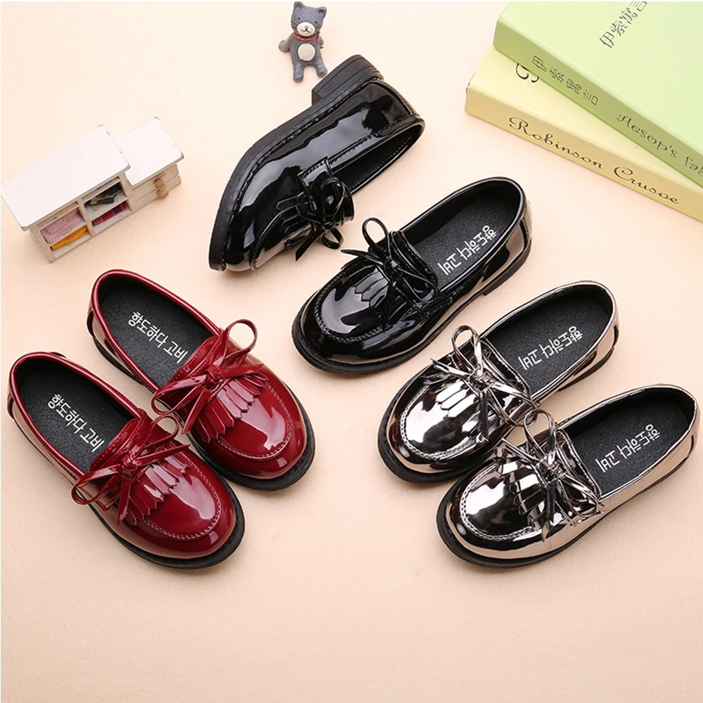 

WISSTT 2017 Autumn Children Fashion princess shoes black low heel silver shoes for girls Flat Toddler Girl Fringe Pink Shoe