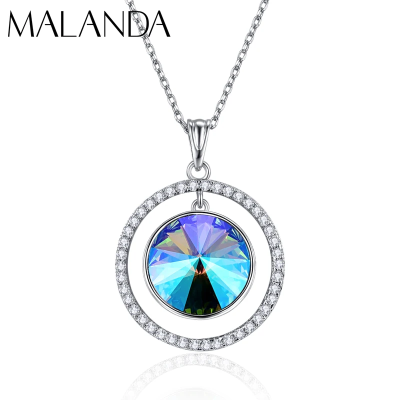 

Real Crystals From Swarovski Rivoli Stone Necklace For Women Fashion Silver Color Round Pendant Necklaces Wedding Party Jewelry