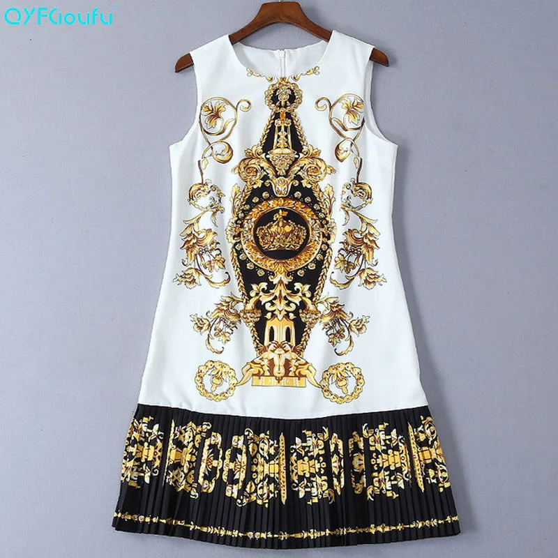 

QYFCIOUFU 2019 Summer Runway Dress Diamonds Beads Vintage Print HIgh End Jacquard Sleeveless Short Pleated Luxury Women's Dress