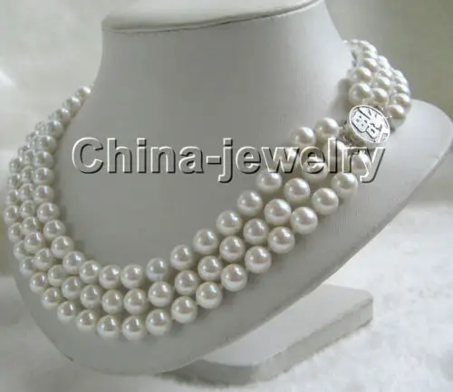 

Beautiful 3row 8mm white perfect round south sea shell pearl necklace-925 silver^^^@^Noble style Natural Fine jewe FREE SHIPPING