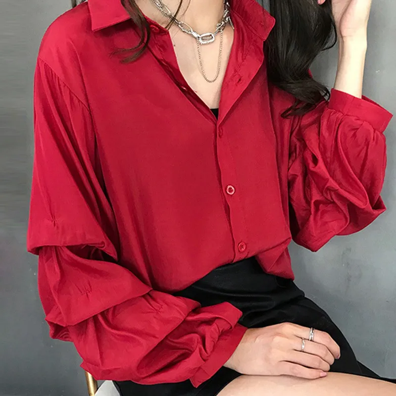

Puff Sleeve Loose Casual Blouse Turn Down Collar Women Long Sleeve Office Ladies Womens Tops And Blouses Women Tops 2019 Fashion