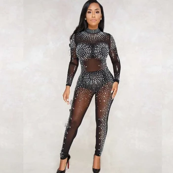 

2018 Black 3 Pieces Bandage Jumpsuit Beading Solid Mesh Sexy Women Celebrity Evening Party Bodycon Deads Wholesale Good Quality