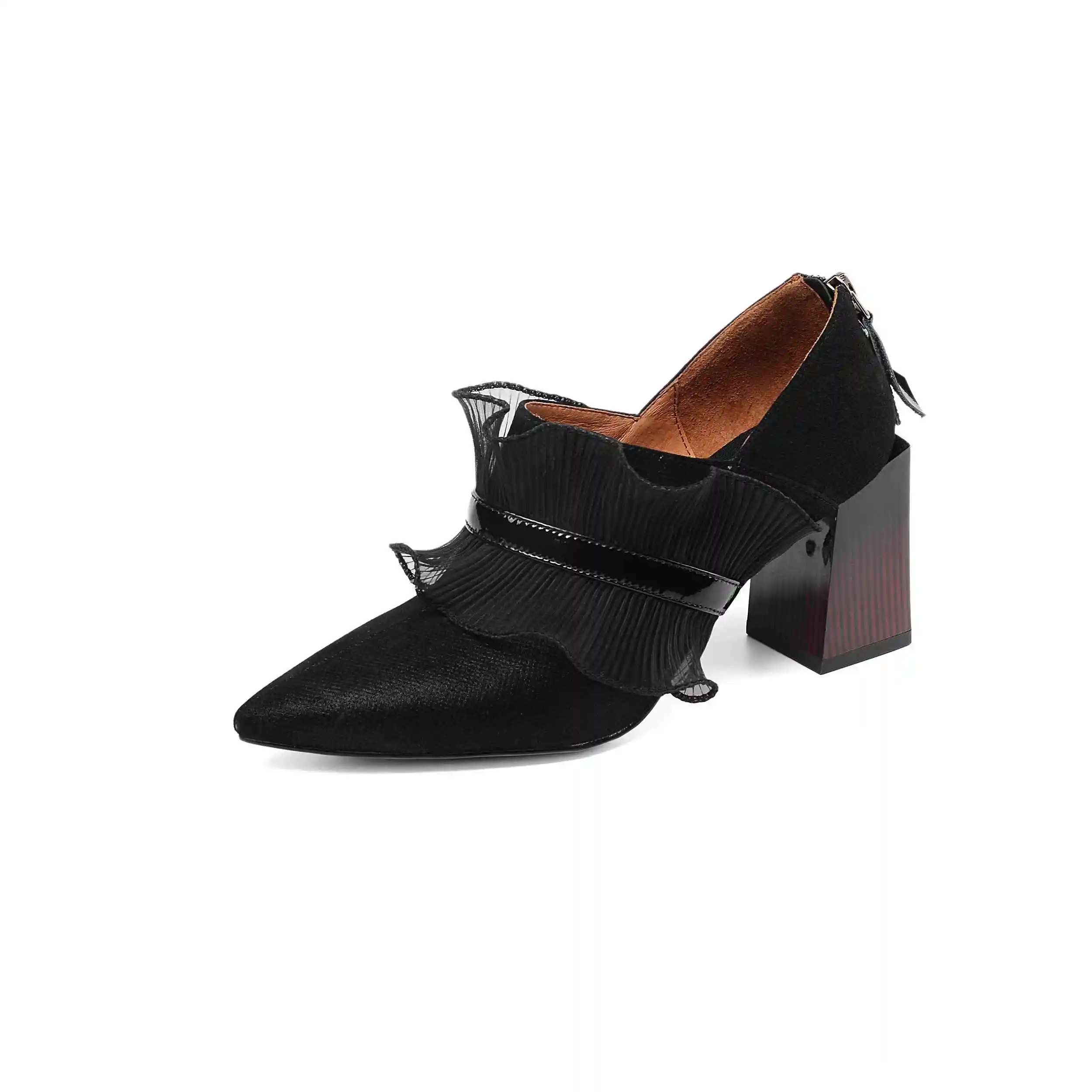 KRAZING POT/специальная Брендовая обувь из овечьей кожи; обувь на высоком каблуке с острым носком на молнии; Уличная обувь; черные кружевные Элегантные туфли-лодочки с оборками; L55 - Цвет: Черный