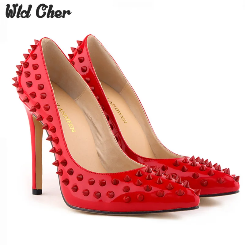 

European Style Rivets High Heels 11CM Sexy Pumps Pointed Toe Candy Color Patent Leather Shoes Plus Size 35-42 Women Shoes