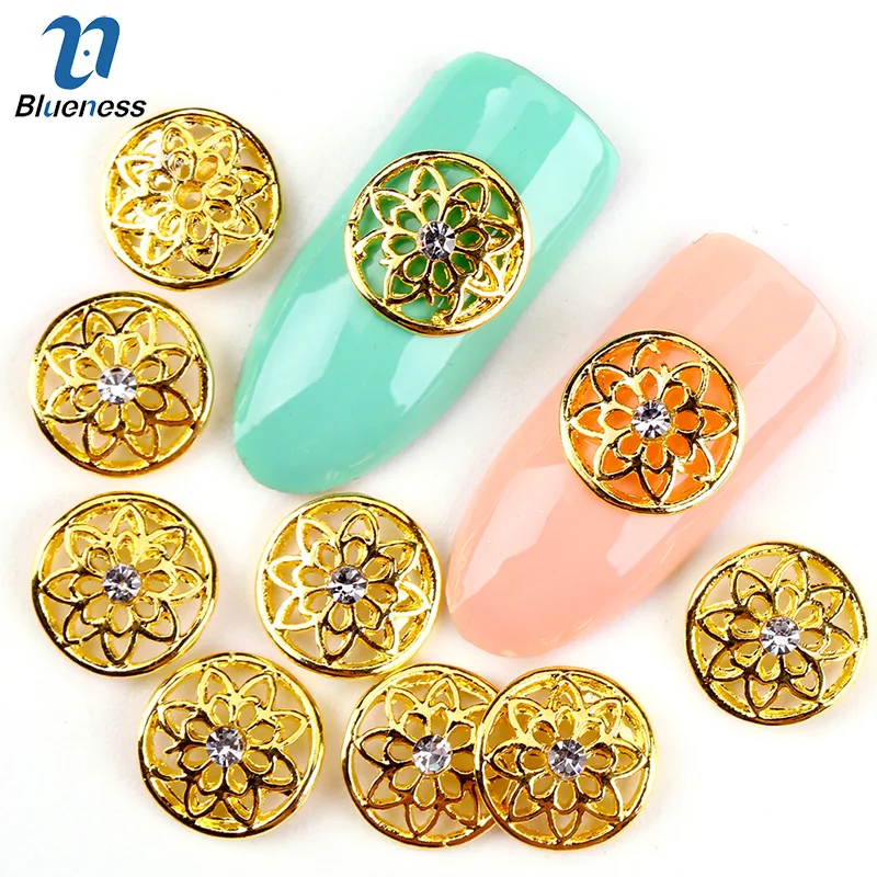

Blueness 10Pcs/lot Flower Round Studs Design 3D Nails Rhinestones For Manicure Nails Art Decorations Adhesives Nail Alloy Copper