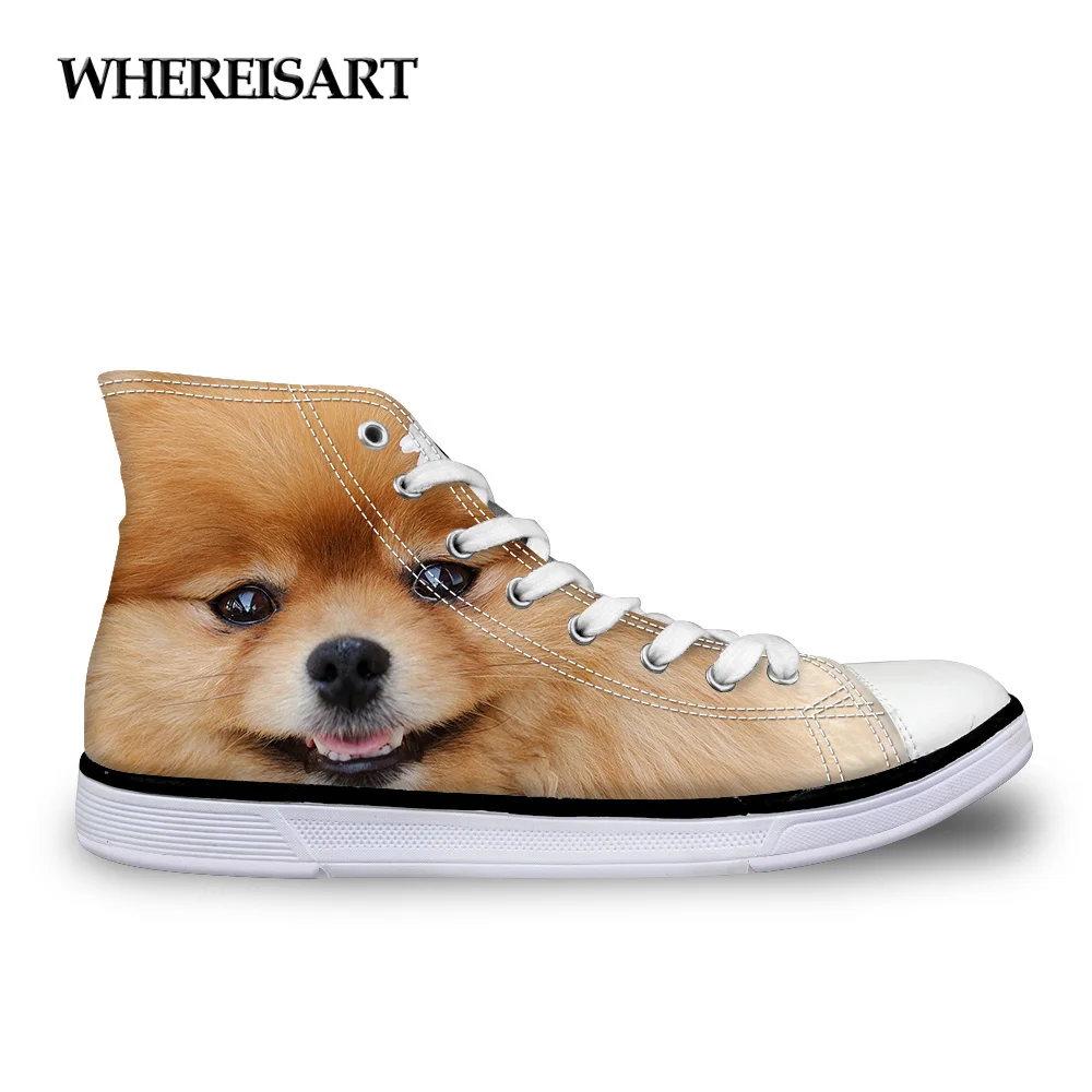 

WHEREISART Cute Pomeranians Prints Women High Top Casual Canvas Shoes Fashion Lace-up 3D Animal Female Vulcanized Shoes Mujer