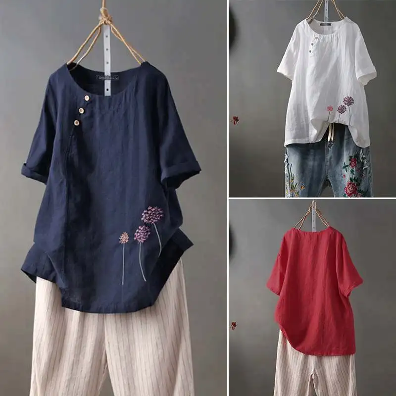 

Plus Size Embroidery Tops Women's Blouse ZANZEA 2019 Kaftan Summer Tunic Female Short Sleeve Tee Shirt Button Blusas Femininas