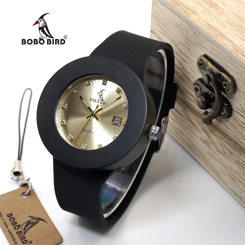 Черные деревянные часы BOBO BIRD WC02C03 с мягким кожаным ремешком и металлическим