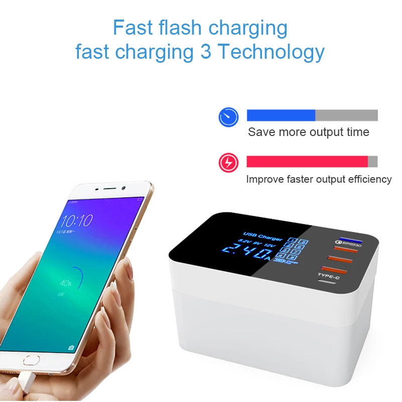 QC 3.0 Fast Charging Smart USB Type-C LED Screen Charger Holder for iPhone 8 Samsung S9 Qi Wireless Charger Power Adapter