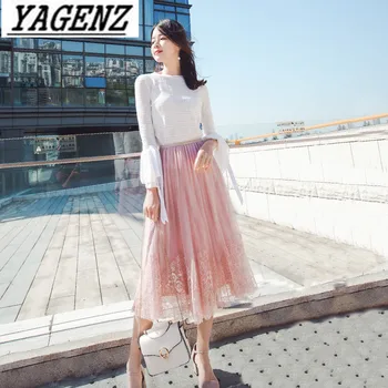 

2018 New Summer Loose Elastic Waist Ladies Pleated Skirt Elegant Temperament Slim Stitching Casual Ladies Skirt Young Clothing