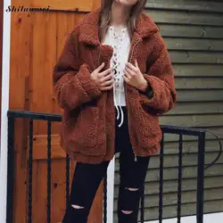 2017 женские из овечьей шерсти винтажные Искусственный мех пальто карман жакет на молнии на осень-зиму теплый воротник стойка негабаритных