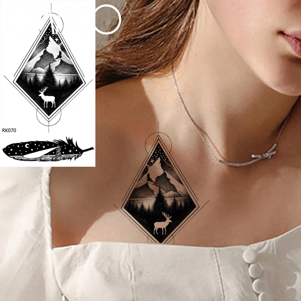 

OMMGO Geometric Rhombus Temporary Forest Mountain Tattoo For Men Women Black Fake Tatoo Feather Body Art Arm Neck Tattoo Sticker