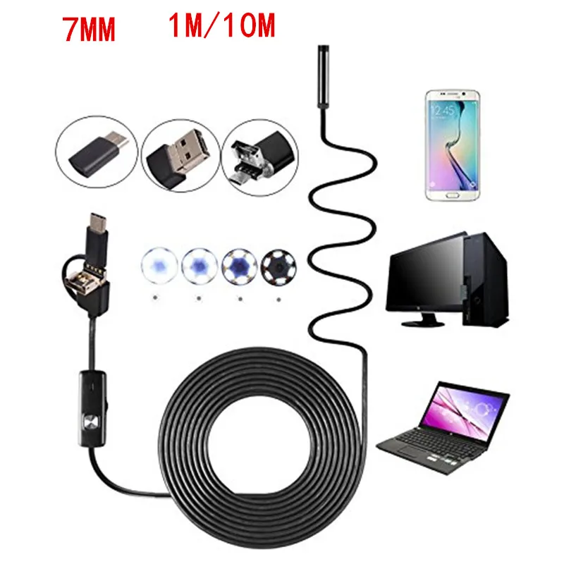 

7MM 6LED 1/2/3.5/5/10M Endoscope 3 in 1 Waterproof Inspection Endoscope OTG USB Type C Mini Micro Camera For Android PC Portable