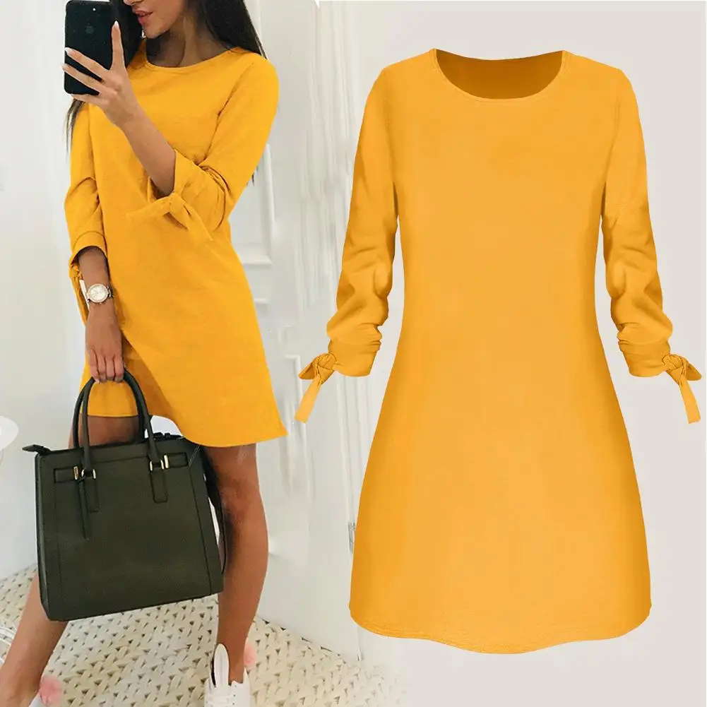 Женское офисное платье Yfashion однотонное желтое или красное с рукавом на шнуровке
