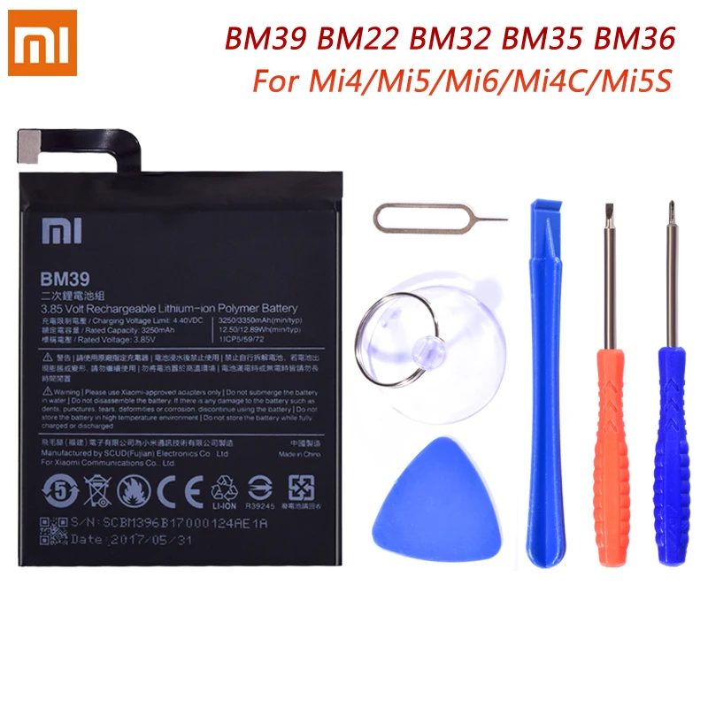 

BM39 BM22 BM32 BM35 BM36 Battery For Xiaomi Mi 6 5 5S 4C 4 Mi6 Mi5 Mi4 Mi4C Bateria Replacement Lithium Polymer Batteries +Tools