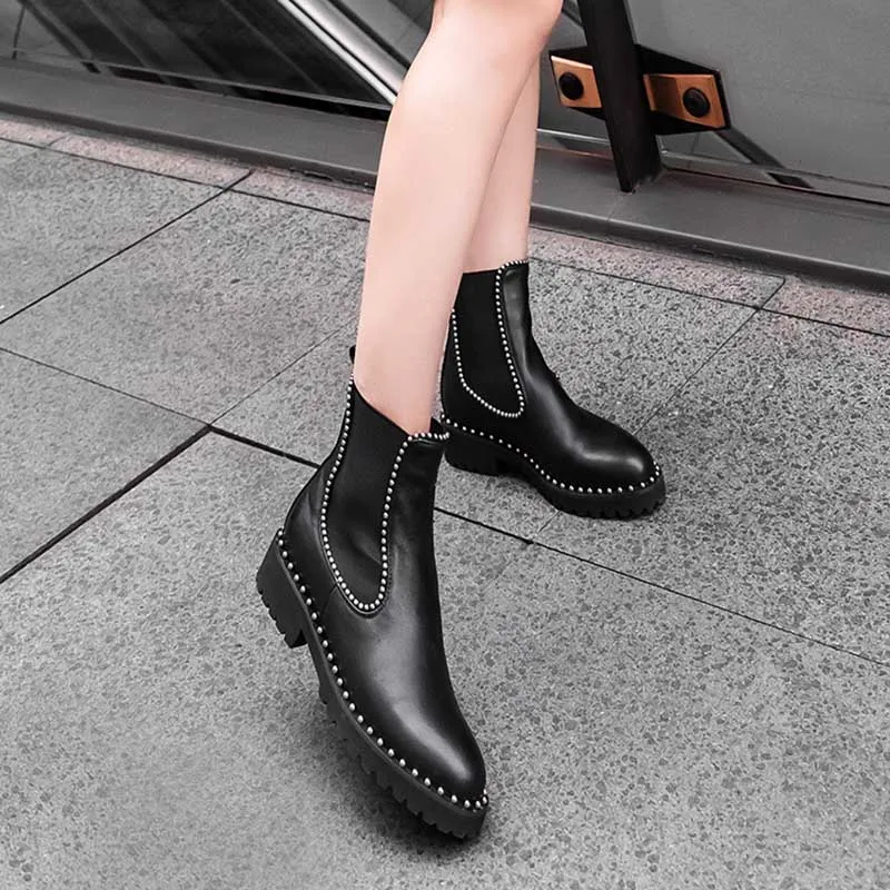 Taoffen/ботильоны в британском стиле женская обувь из натуральной кожи на плоской подошве с эластичной лентой женская обувь с заклепками и