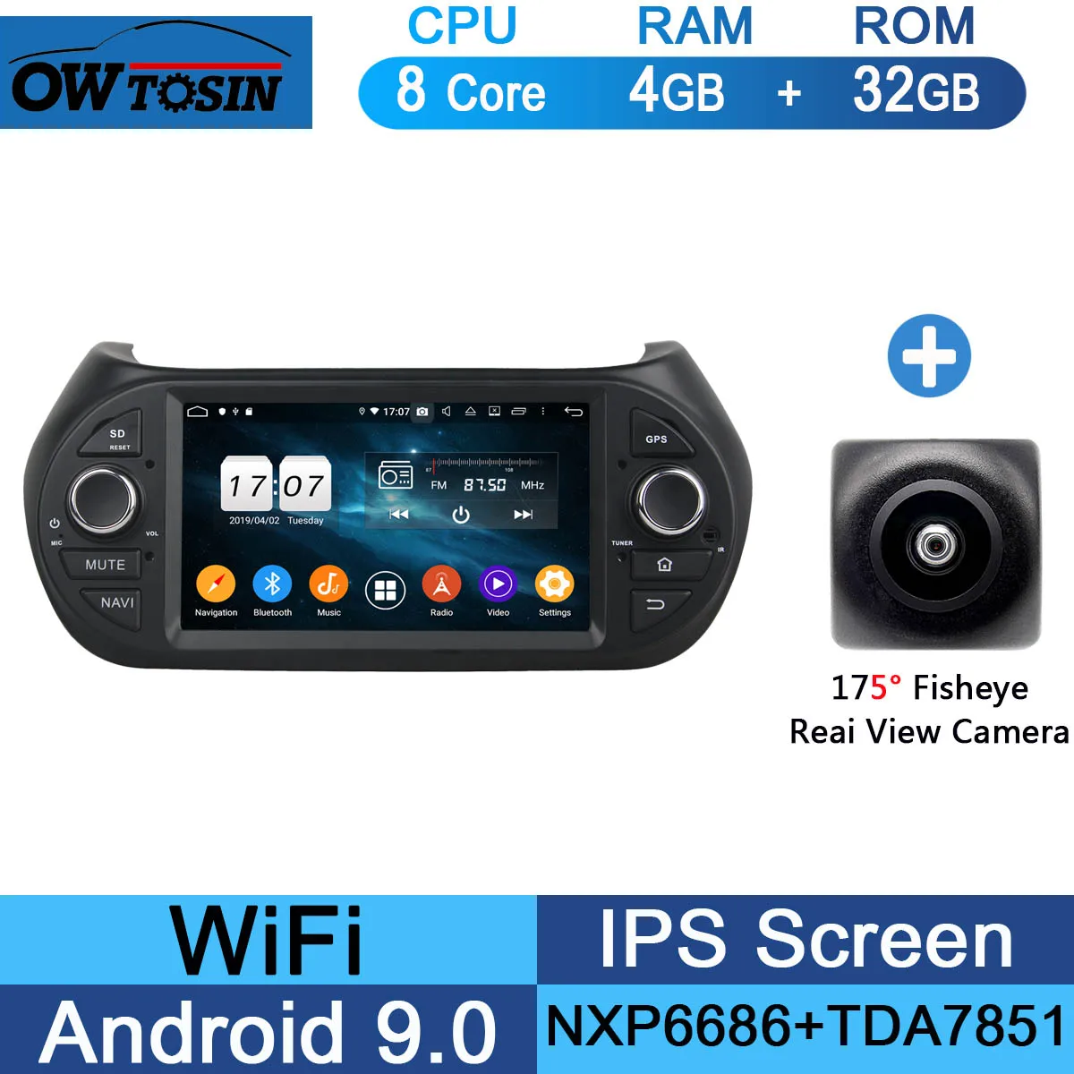 " ips 8Core 4G ram+ 64G rom Android 9,0 автомобильный dvd-плеер для Fiat Fiorino Qubo Citroen Nemo peugeot Bipper 2008- CarPlay Parrot - Цвет: 32G Fisheye Camera