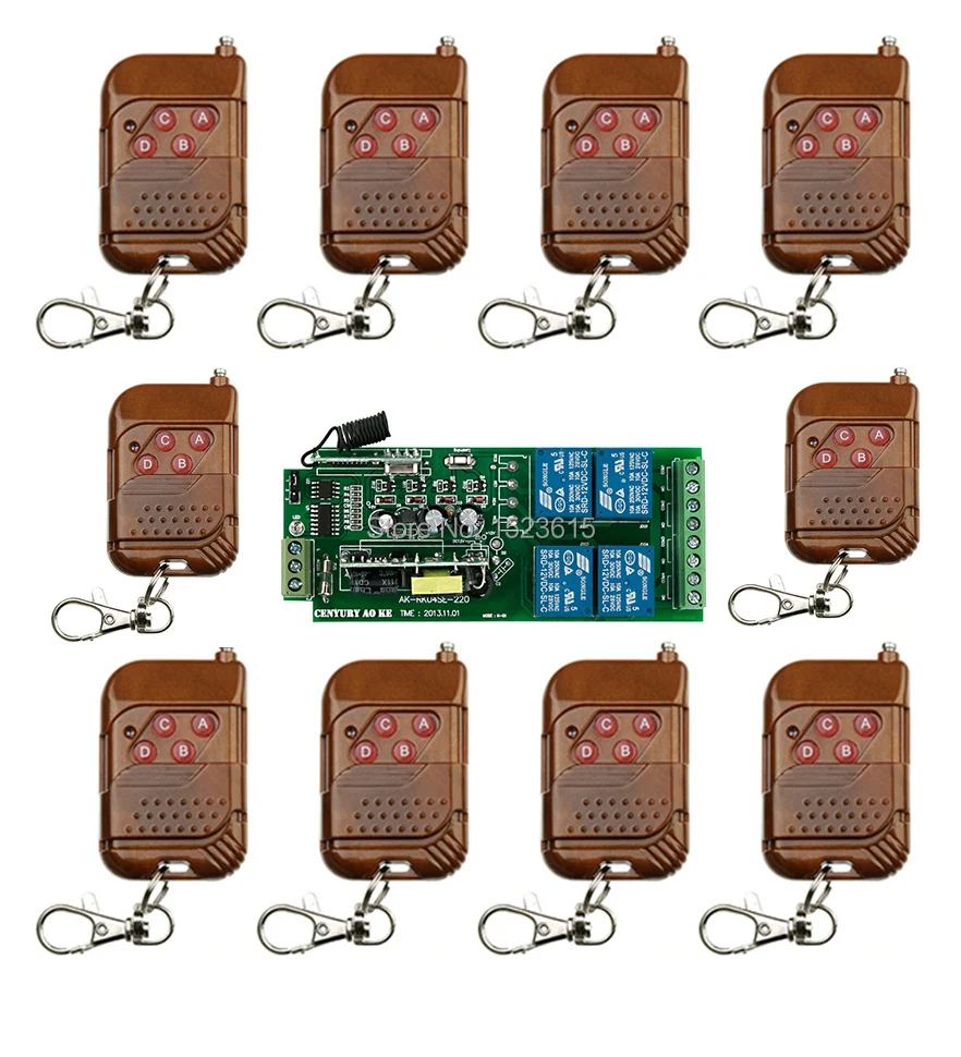 

AC85V 250V 110V 220V 4CH RF Wireless Remote Control Relay Switch Security System Garage Doors 1 x Receiver & 10 x Transmitter