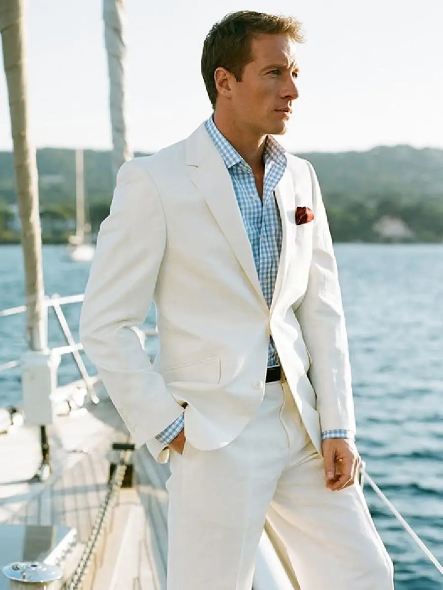 2019 Latest Coat Pant Designs Ivory White Linen Men Suit Beach